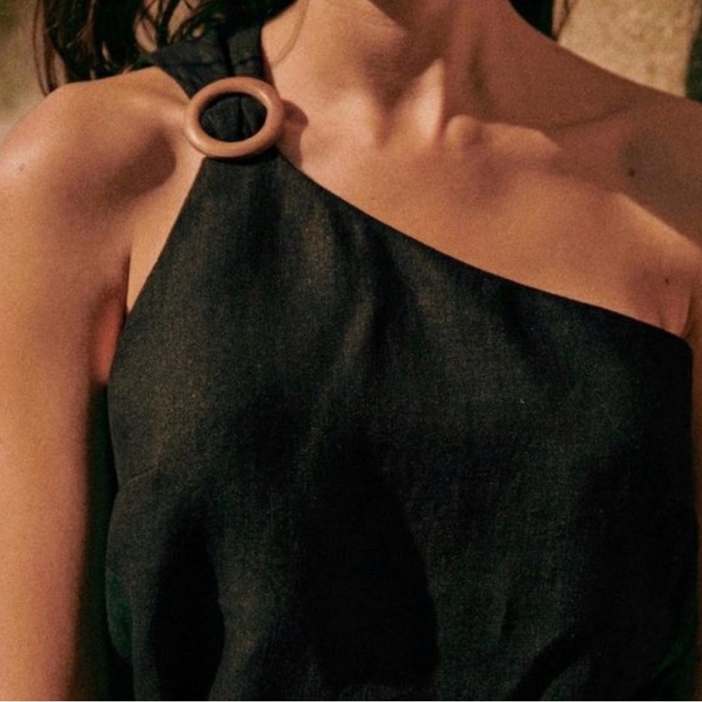 Sezane Asymmetric One-Shoulder Black Linen Shirt with Ring Detail